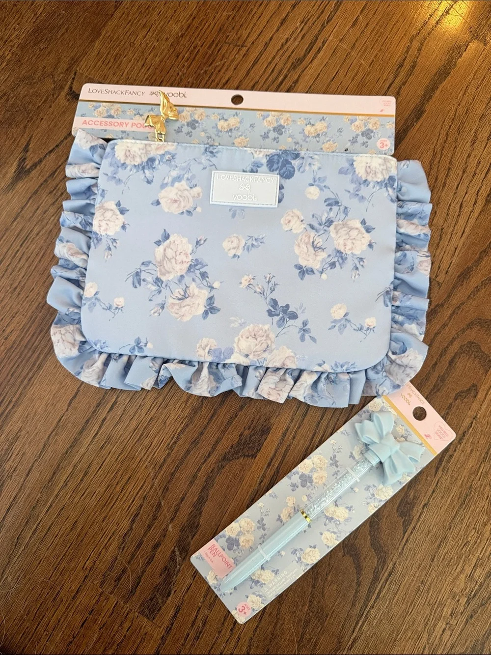 LoveShackFancy Blue Floral Accessory Pouch and bow pen nwt